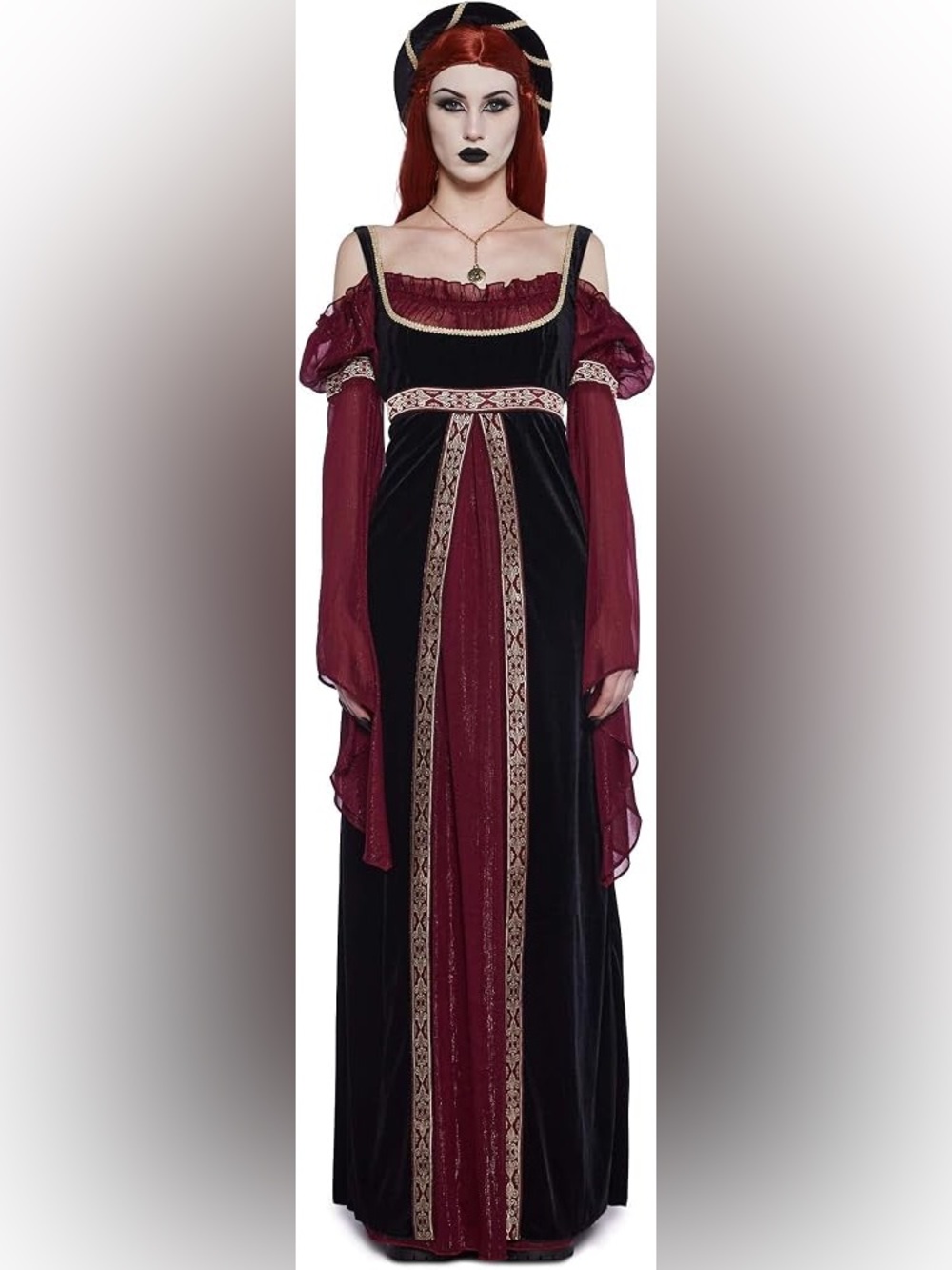 Dolls Kill Renaissance Elegant Black and Burgundy Embroidered Women's Dress L